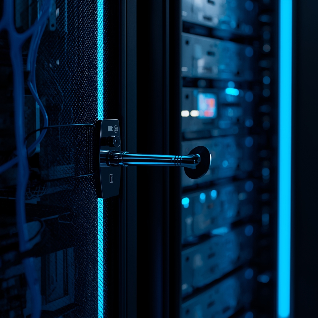Sleek silver VR neural link node attached to a glowing server rack. High tech fiber optic cables emitting blue light. Cinematic lighting, macro photography. No people. No woman.